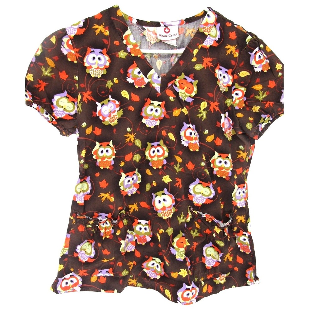 Scrub Top sz. S Nature Medical Nurse Tech Pediatric Uniform Cute Owl Forest Vet